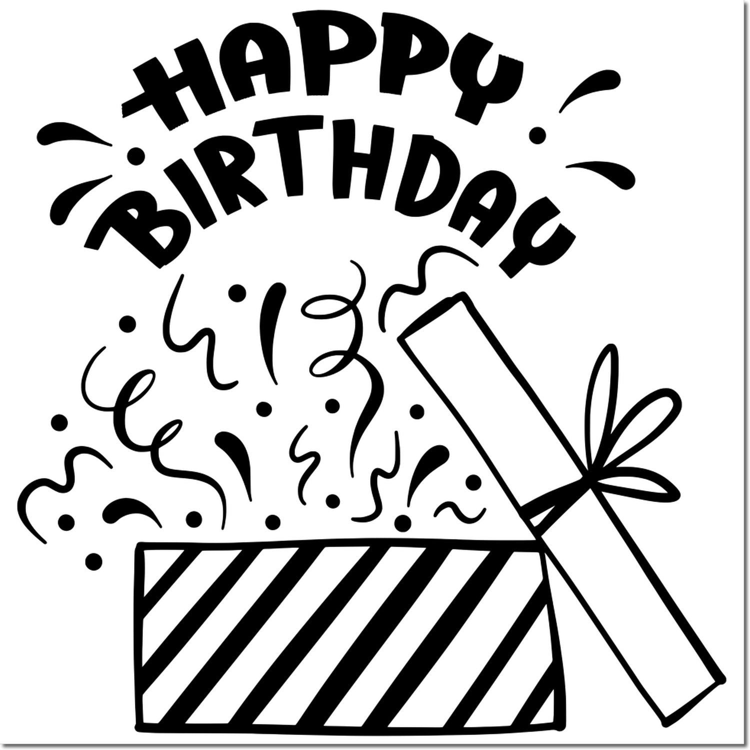 Happy Birthday rubber stamp design with confetti, gift box, and celebration graphic.