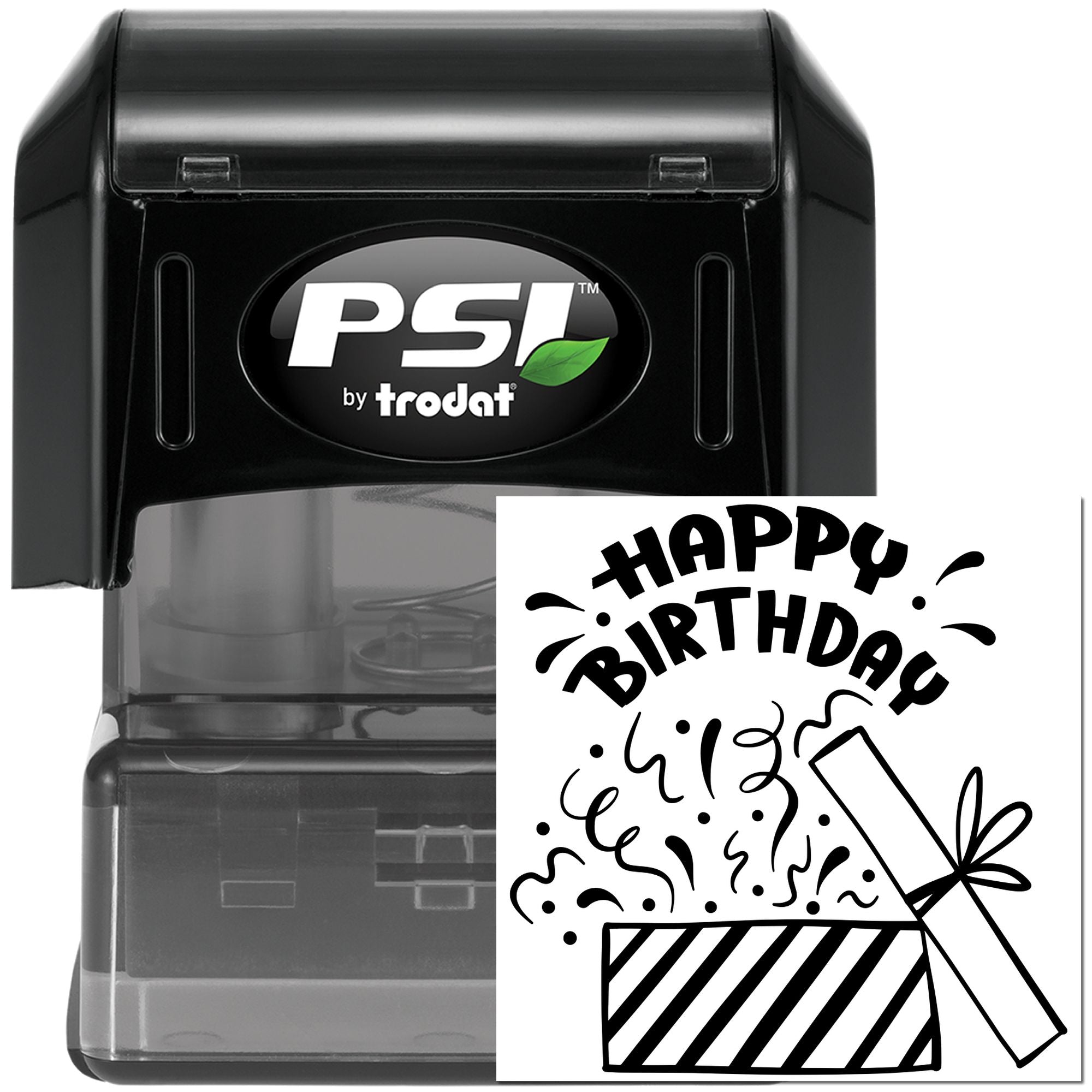 PSI by Trodat self-inking rubber stamp showing a Happy Birthday gift box impression