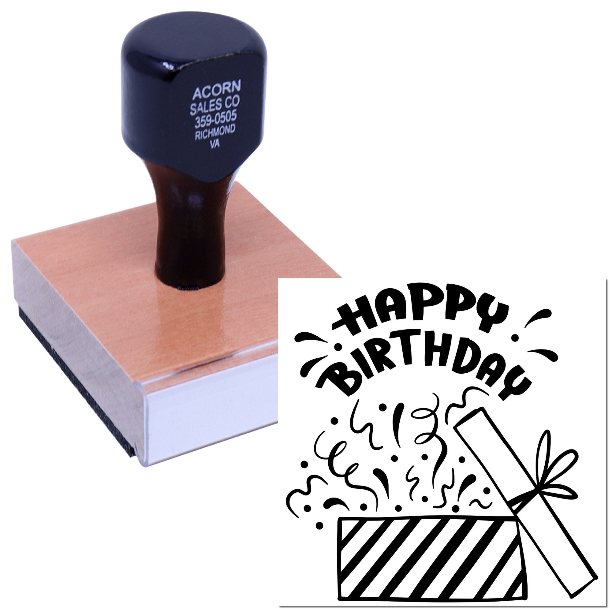 Custom Happy Birthday rubber stamp with decorative party design for cards, gift wrap, and celebratory packaging.