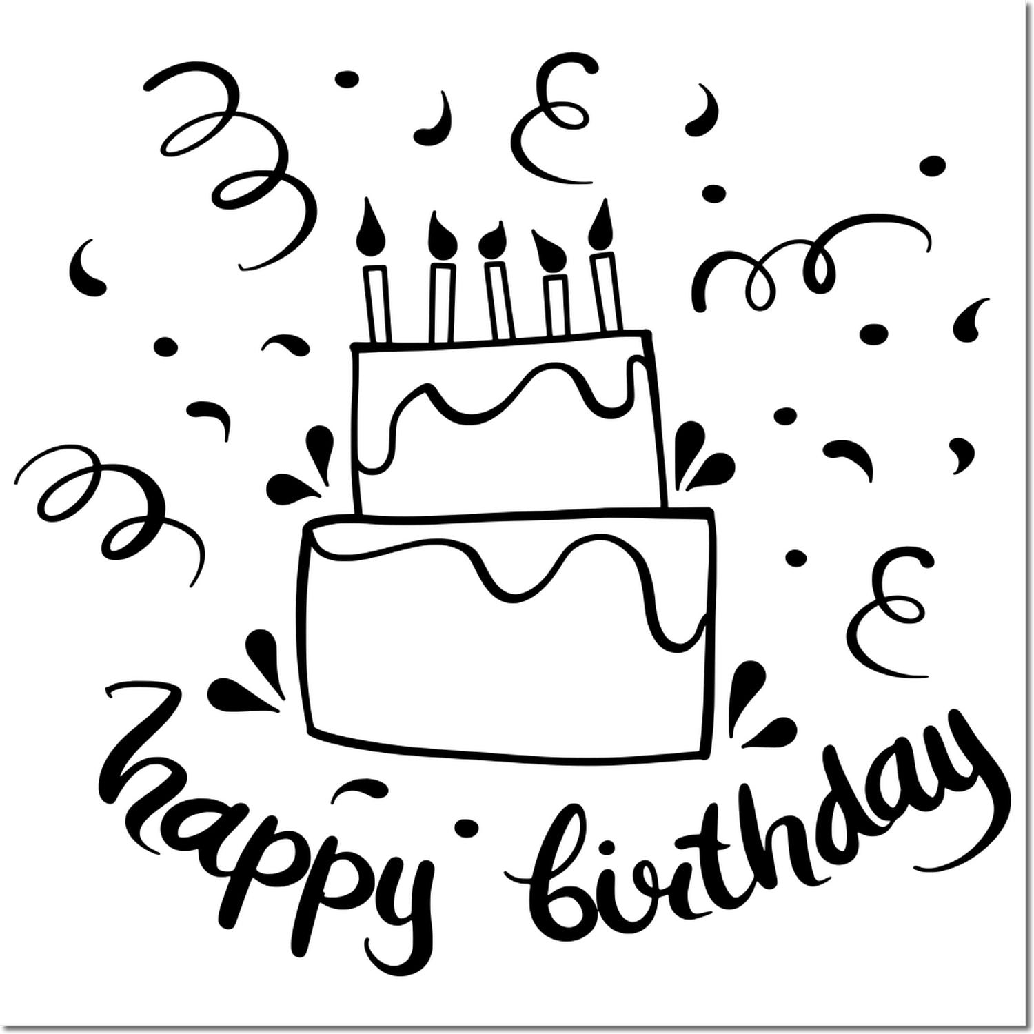Happy Birthday rubber stamp design with a tiered cake, candles, and confetti in black and white.