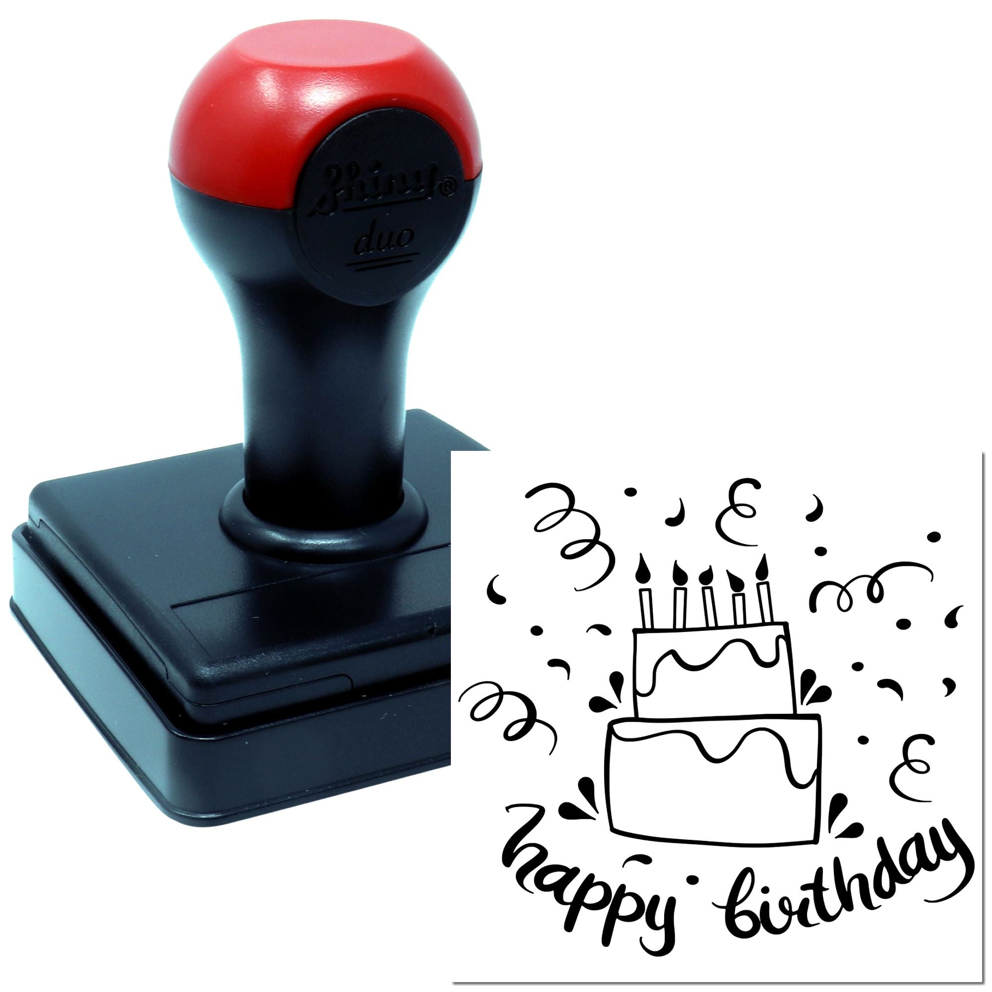 Custom self-inking rubber stamp with happy birthday cake design for cards, crafts, and party invitations.