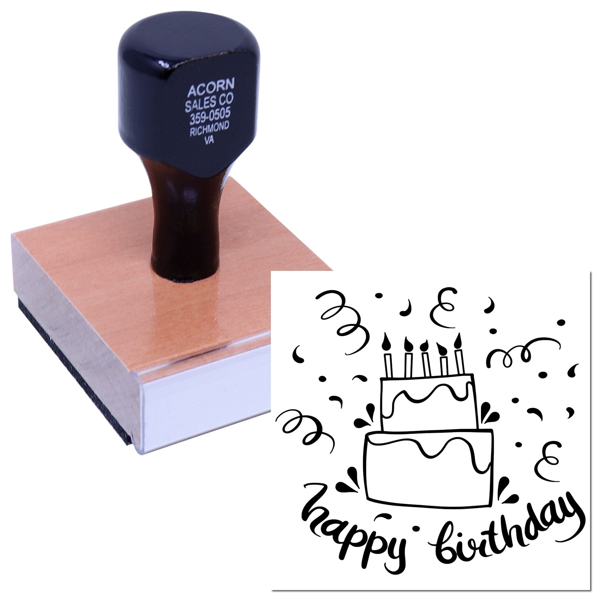 Happy birthday rubber stamp with cake design for custom greeting cards, scrapbooking, and birthday party invitations.