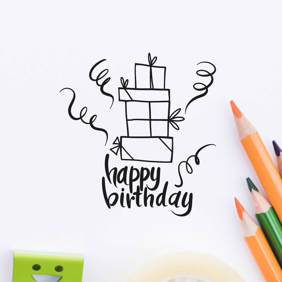 Vintage Pro Ribboned Birthday Present Stack Premium Wooden Stamp imprint stamped in black ink. Stacked ribboned gift boxes sit above happy birthday with curled streamers.