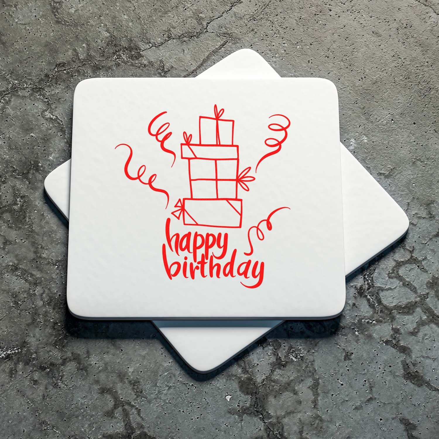 Happy birthday rubber stamp design with gift box art for greeting cards, party invitations, and handmade packaging.