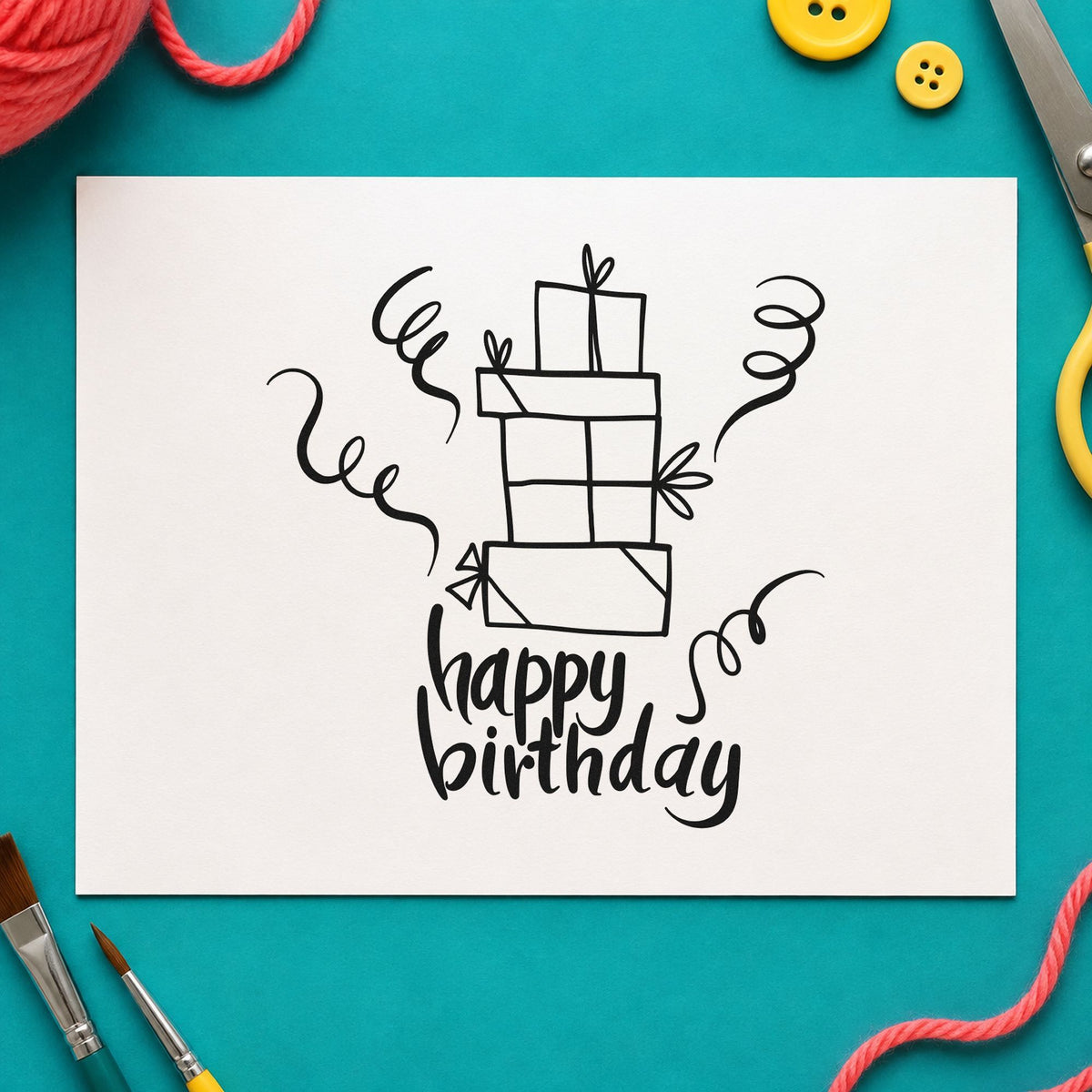 Birthday Stacked Gift Boxes craft stamp imprint in black ink on a handmade project, one idea being chosen gift tags.