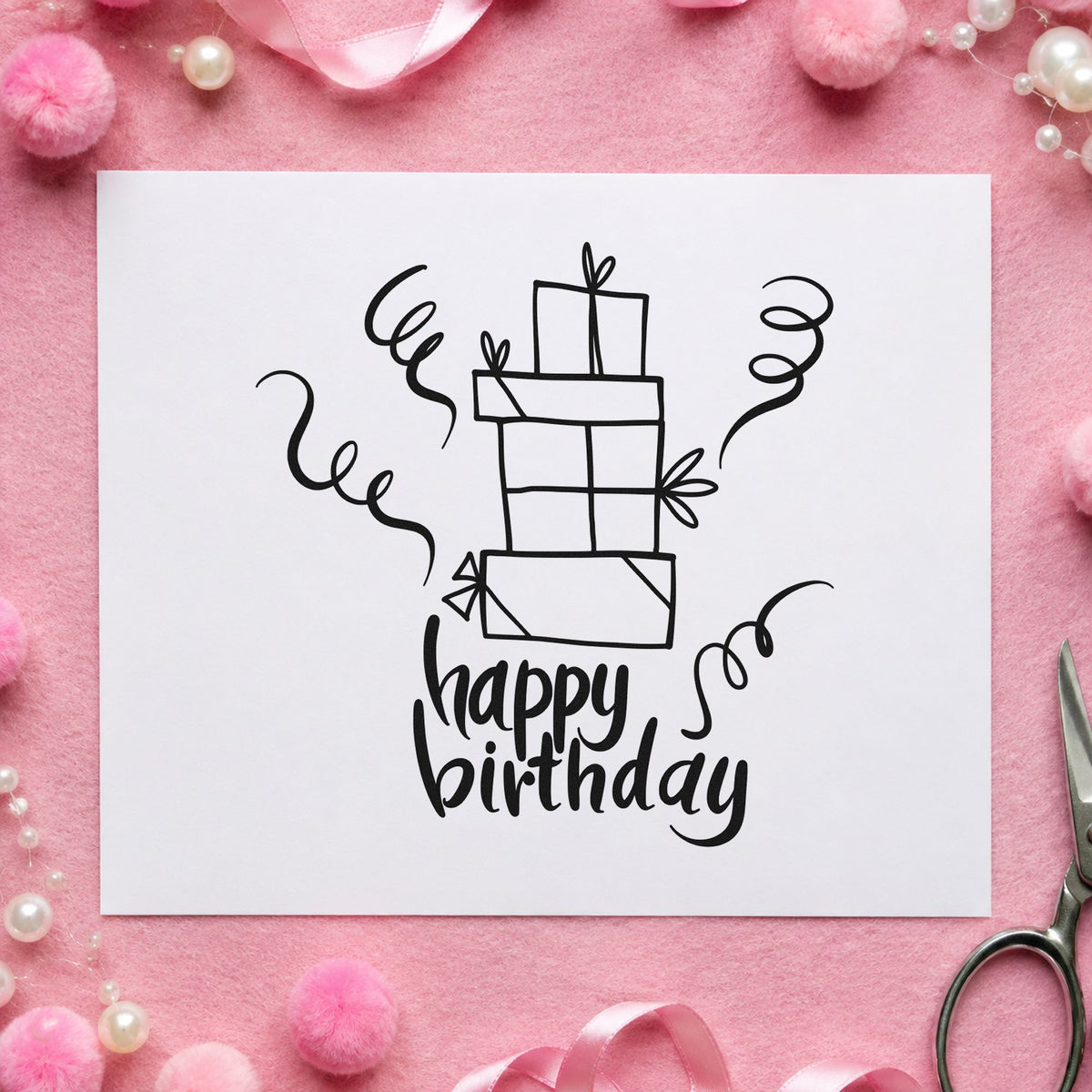 Birthday Stacked Gift Boxes rubber stamp printed in black ink, ready for wish list sheet and similar paper crafts.