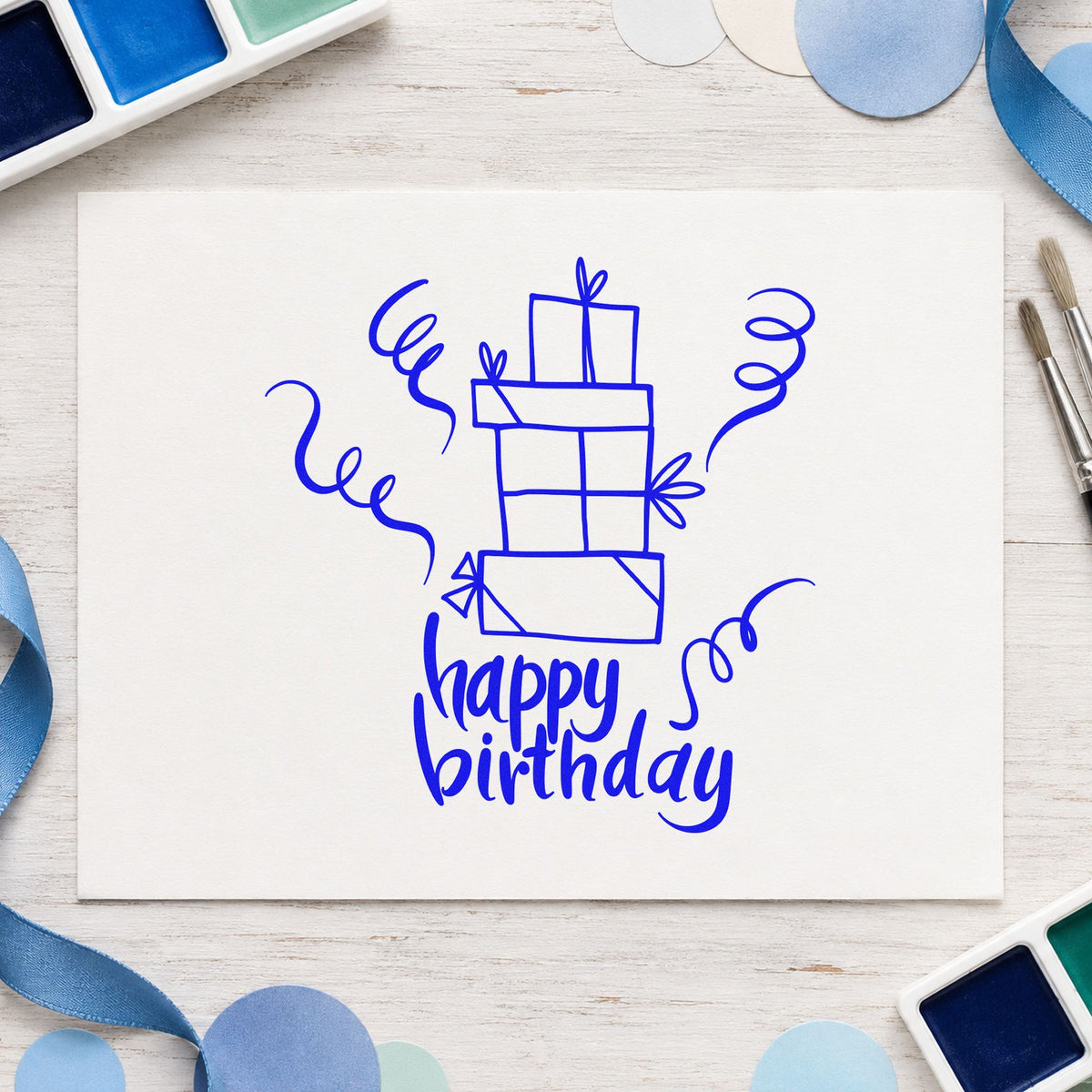 Birthday Stacked Gift Boxes craft stamp in blue ink on cardstock, an easy option for tote panel printing.