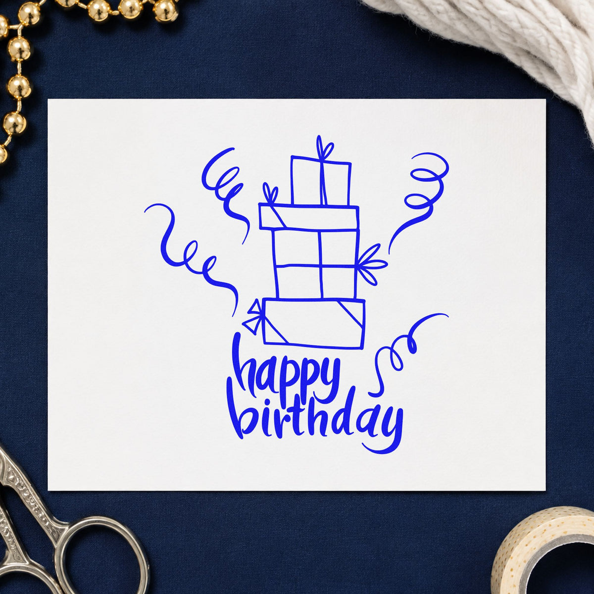 Birthday Stacked Gift Boxes craft stamp imprinted in blue ink on paper, a design suited to framed hall shelf.
