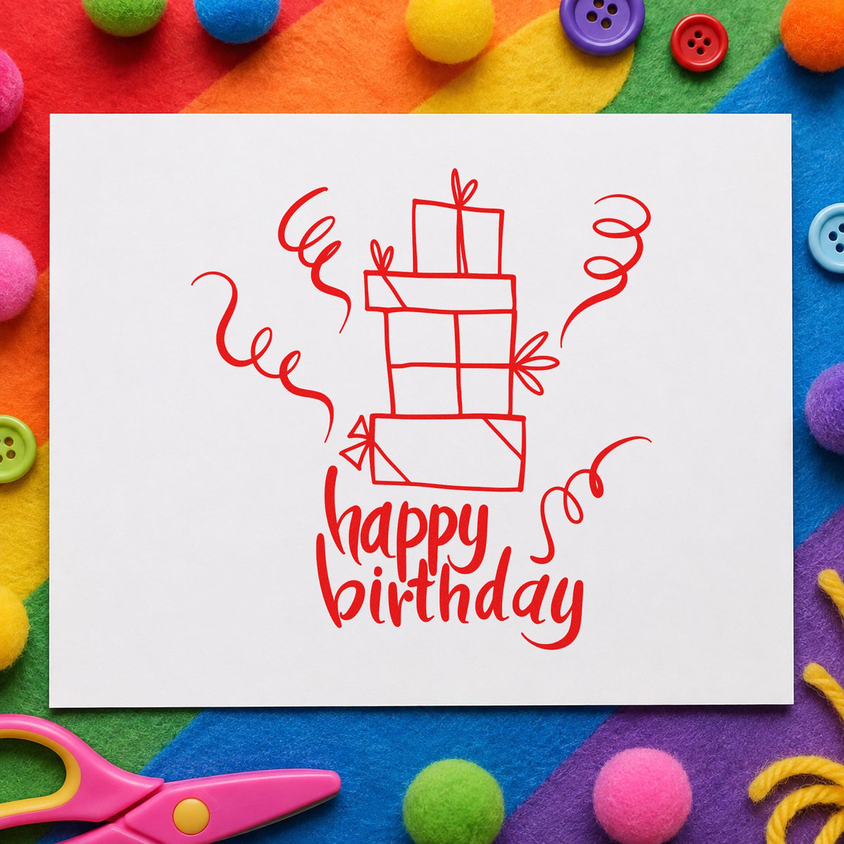 Birthday Stacked Gift Boxes rubber stamp shown in red ink, stamped for projects such as bin gift labels.