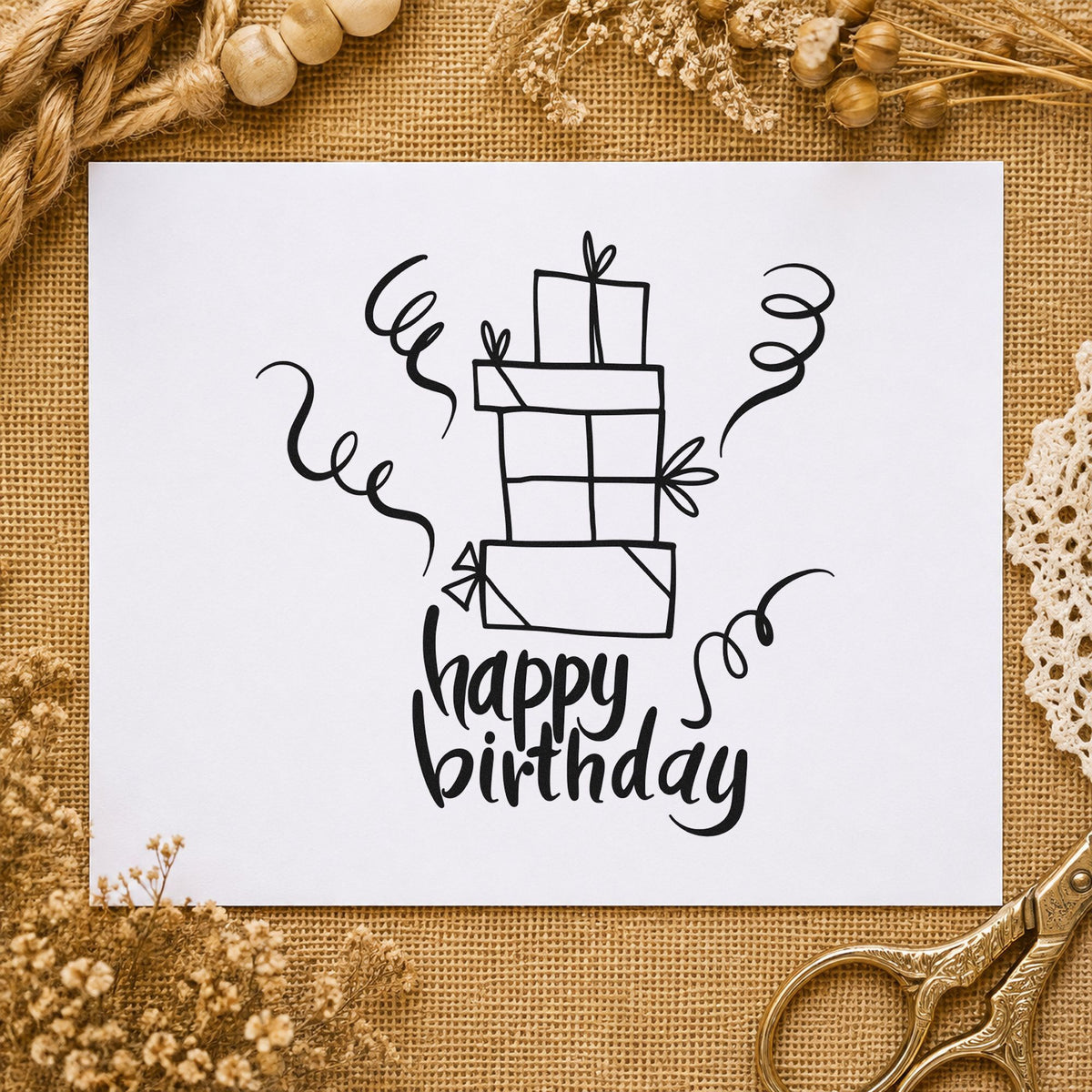 Birthday Stacked Gift Boxes rubber stamp printed in black ink, ready for stacked box cards and similar paper crafts.
