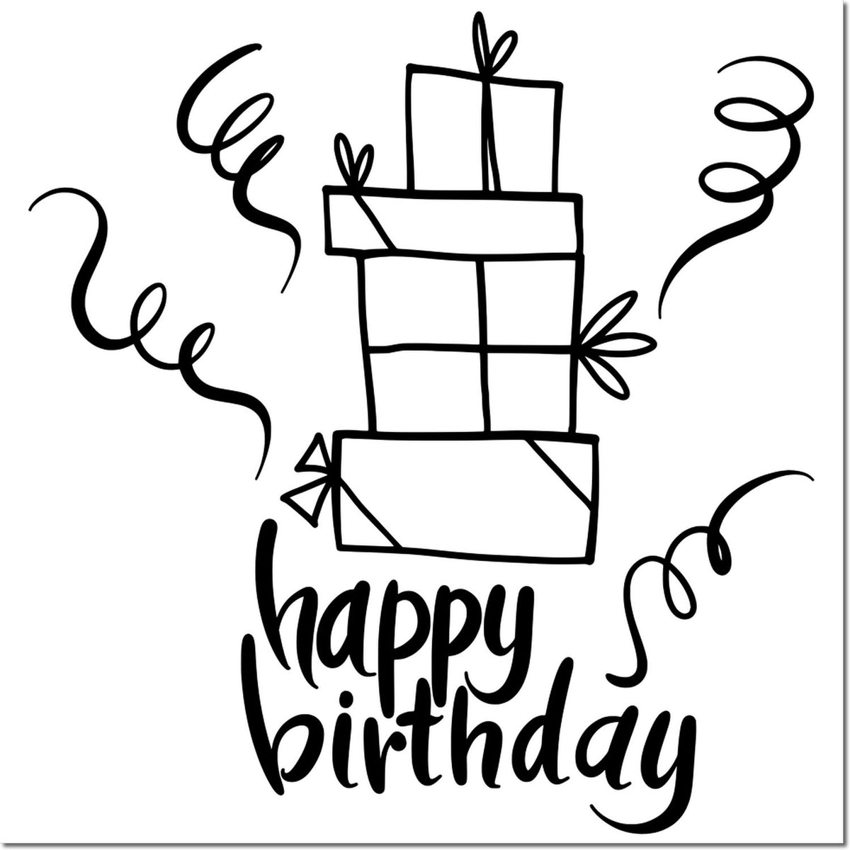 Happy birthday rubber stamp design with gift boxes and confetti swirls for birthday cards, scrapbooking, and crafts.