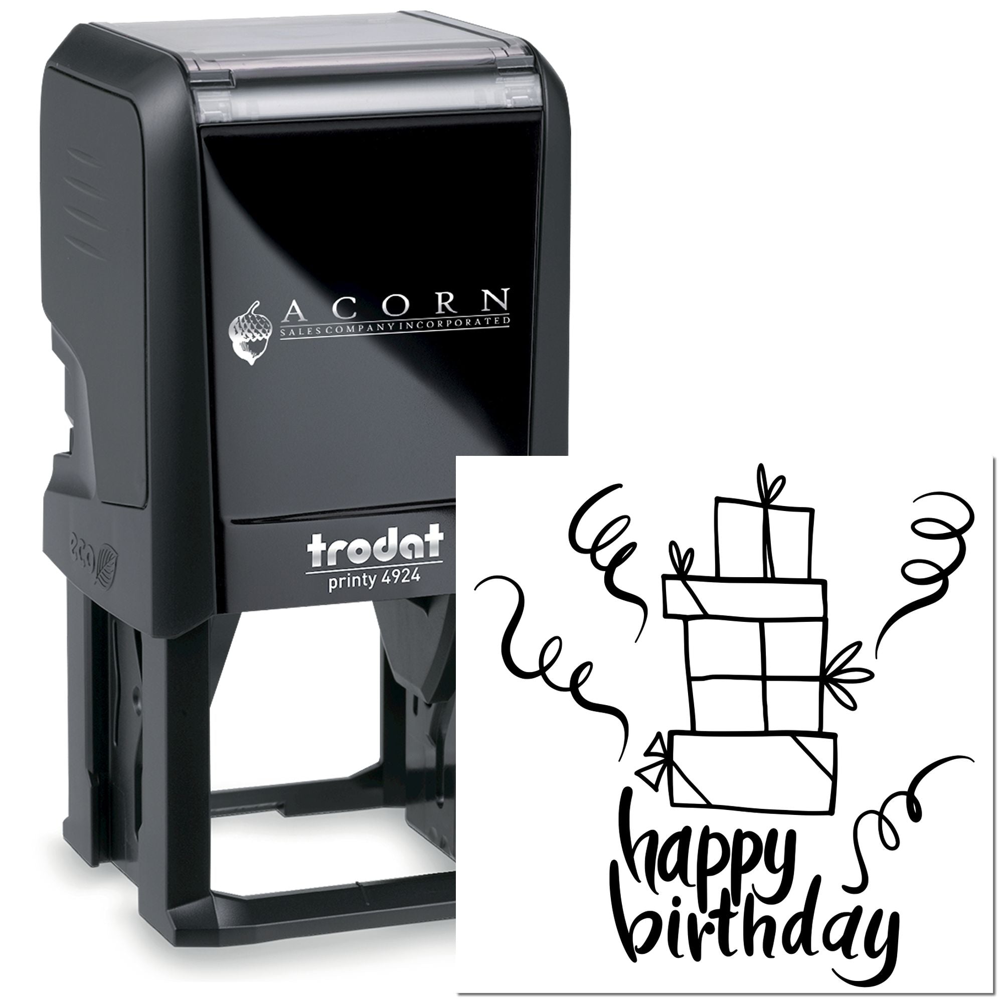 Trodat Printy 4924 self-inking rubber stamp with happy birthday gift design for custom birthday cards and packaging.