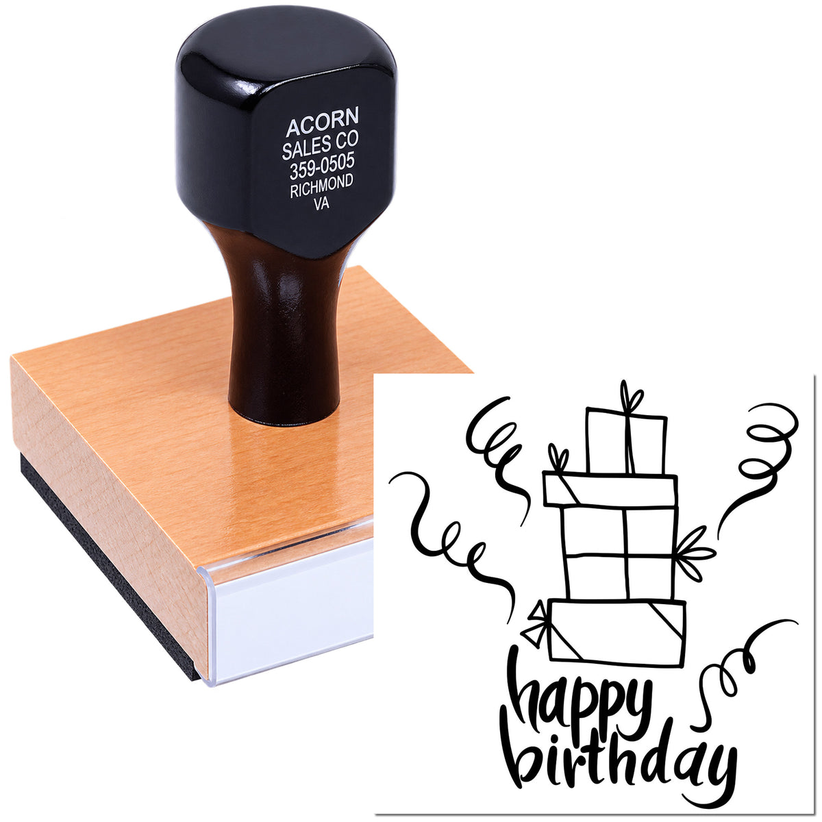 Happy birthday rubber stamp with stacked gift boxes design for card making, packaging, and birthday crafts.