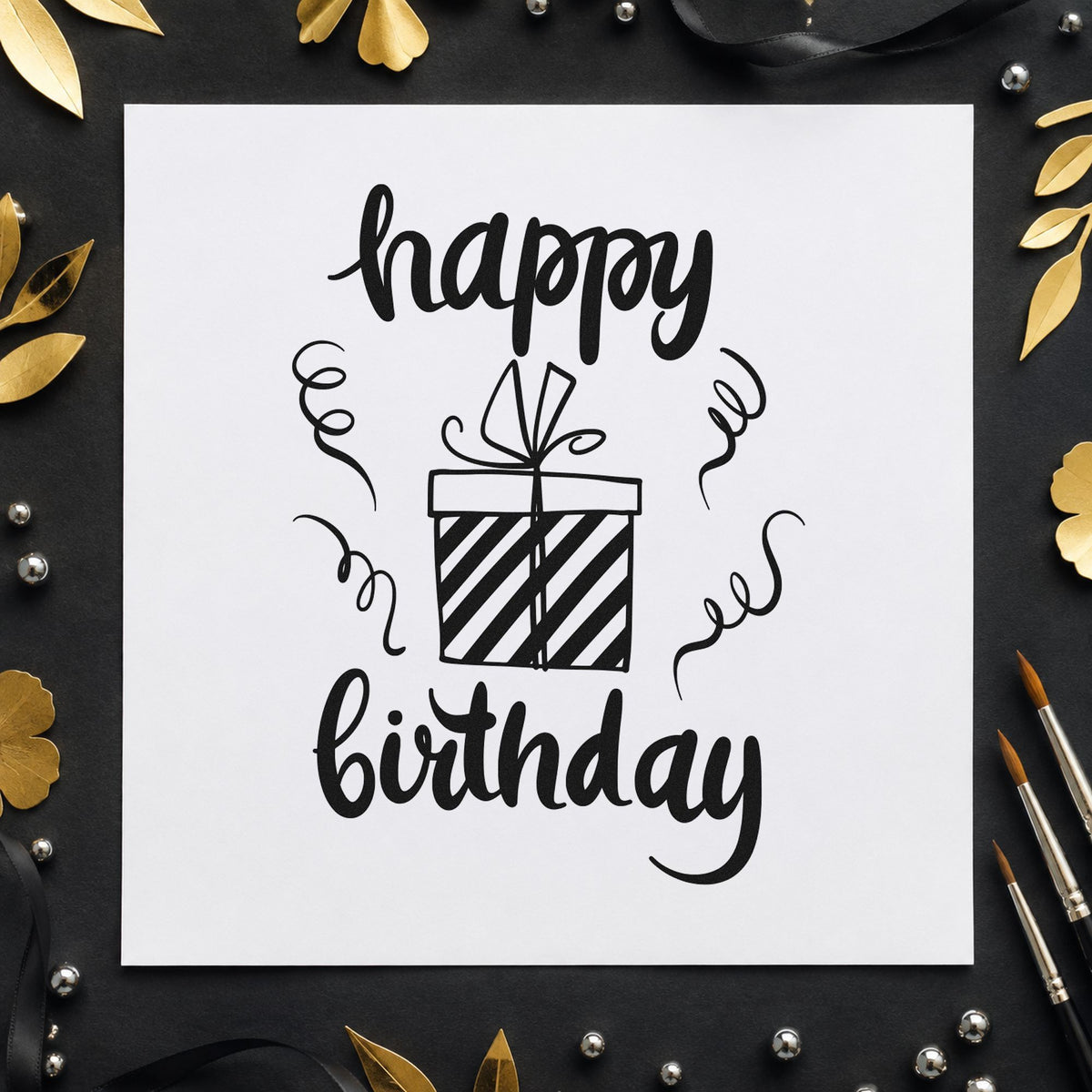 Birthday Striped Gift Box craft stamp in black ink on cardstock, an easy option for parcel album page.