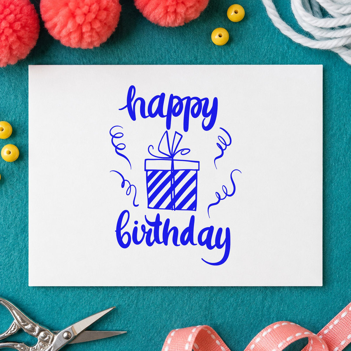 Birthday Striped Gift Box craft stamp in blue ink on cardstock, an easy option for mail pouch printing.