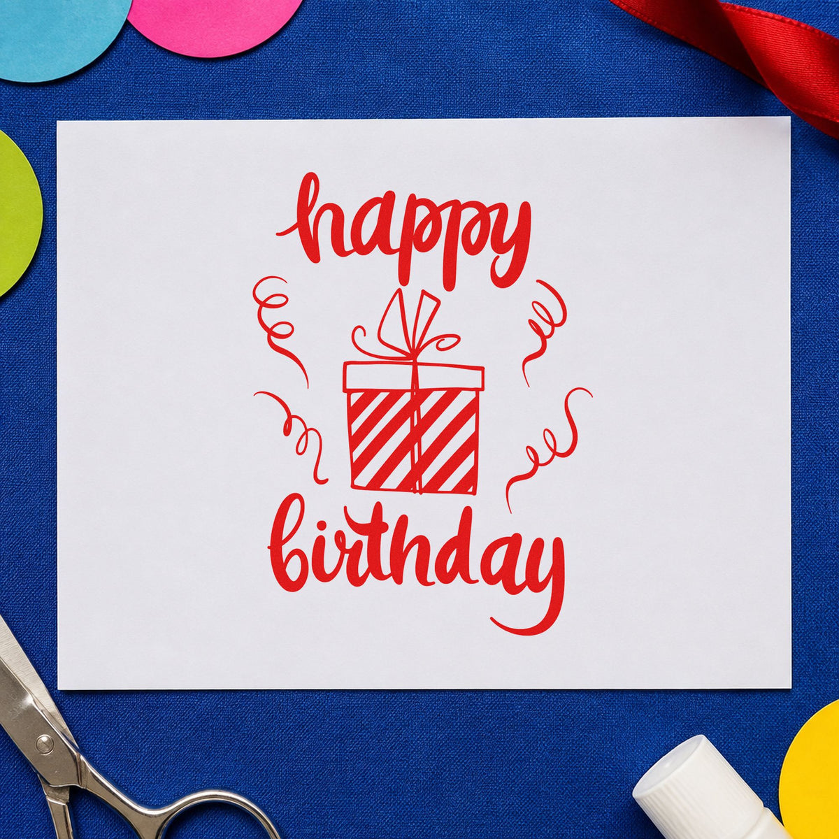 Birthday Striped Gift Box rubber stamp shown in red ink, stamped for projects such as bin packing labels.