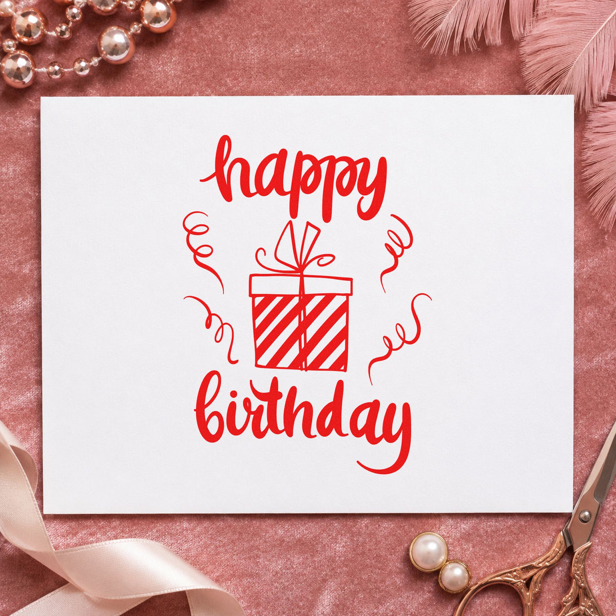 Birthday Striped Gift Box craft stamp imprint in red ink on a handmade project, one idea being enclosure note cards.