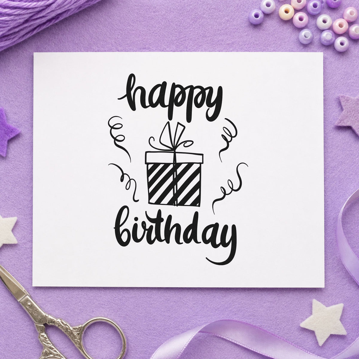Birthday Striped Gift Box rubber stamp printed in black ink, ready for ribboned gift cards and similar paper crafts.