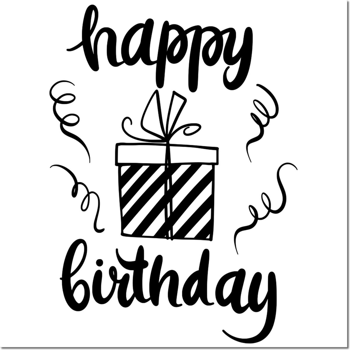 Happy birthday rubber stamp design with gift box and confetti for greeting cards, invitations, and handmade crafts.