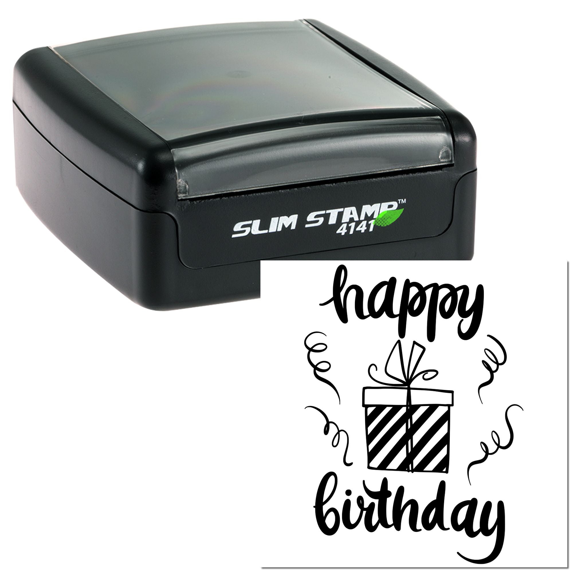 Slim Stamp 4141 self-inking rubber stamp with custom happy birthday gift design for birthday cards and party favors.