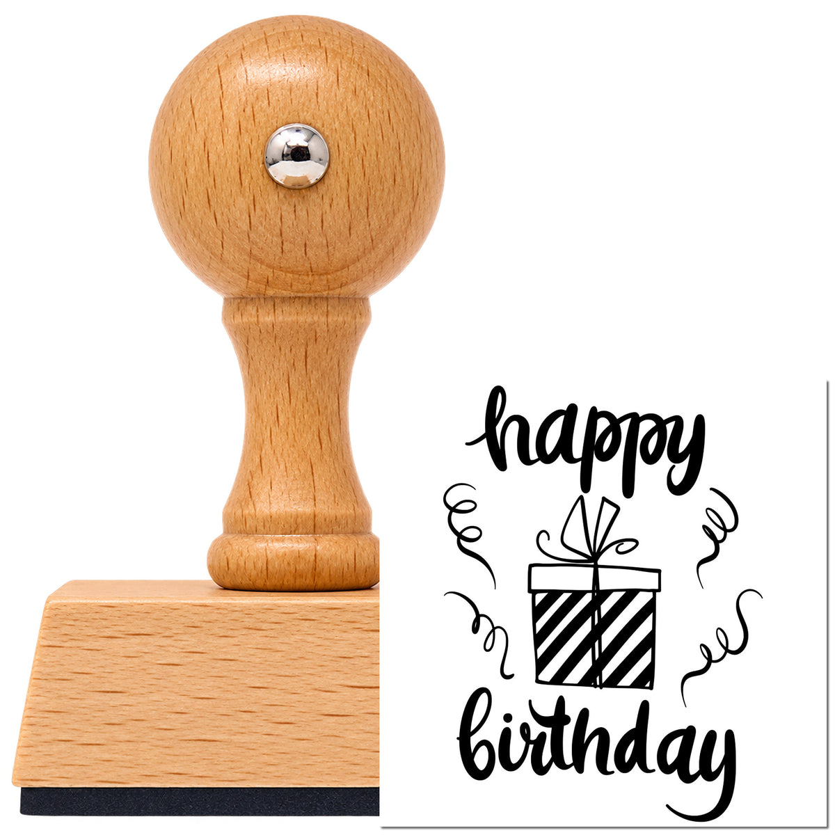 Happy Birthday Ribboned Gift Box Vintage Pro rubber stamp in European beech wood with a round knob handle, shown beside its black imprint.