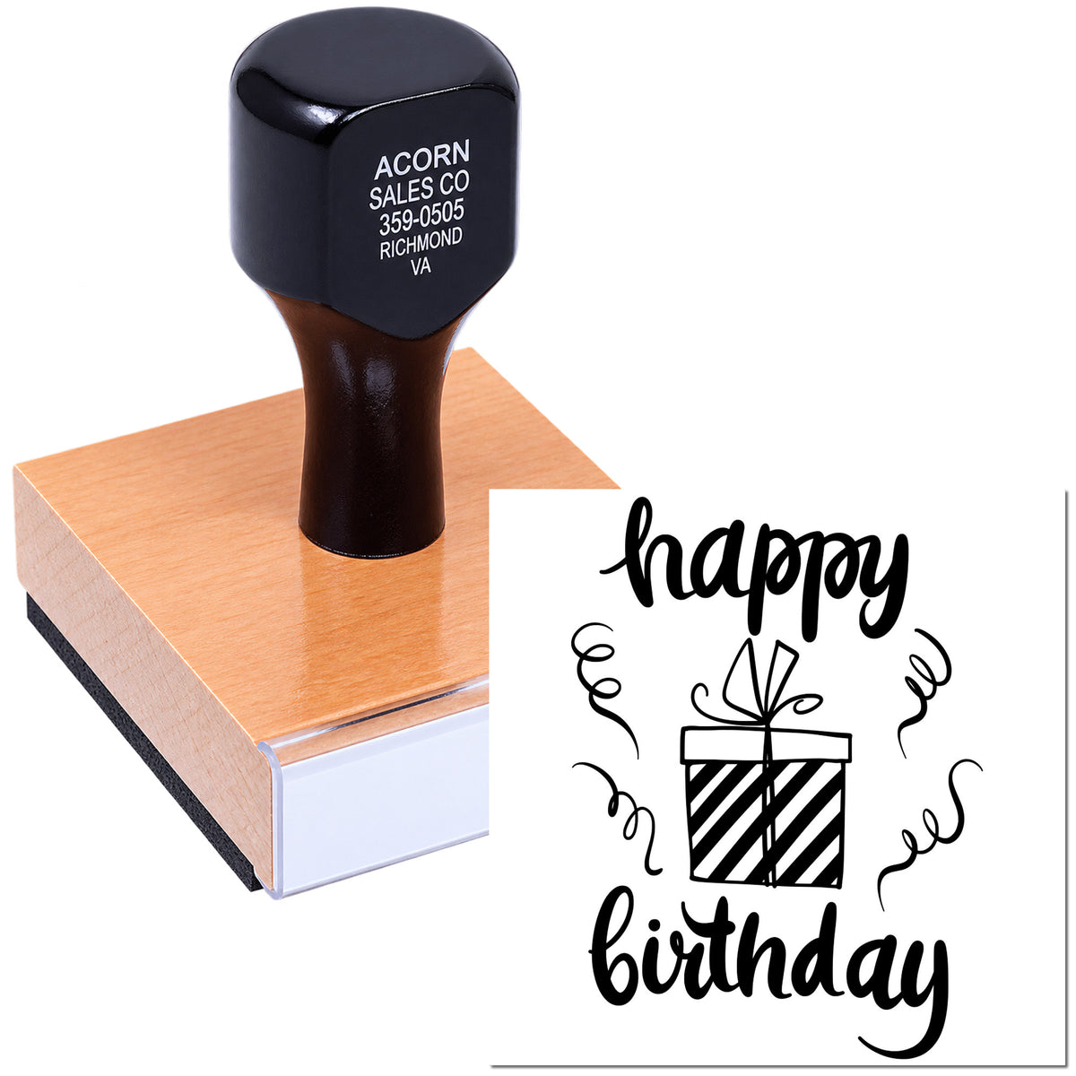 Custom happy birthday rubber stamp for birthday cards, gift wrap, and handmade party packaging with gift icon.