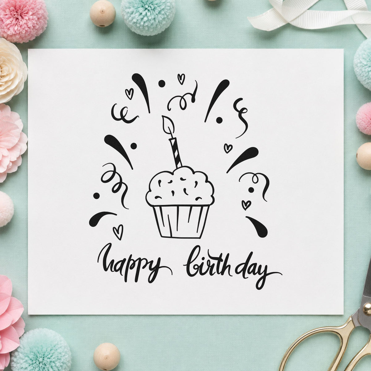 Birthday Cupcake Candle Confetti craft stamp in black ink on cardstock, an easy option for class year album page.