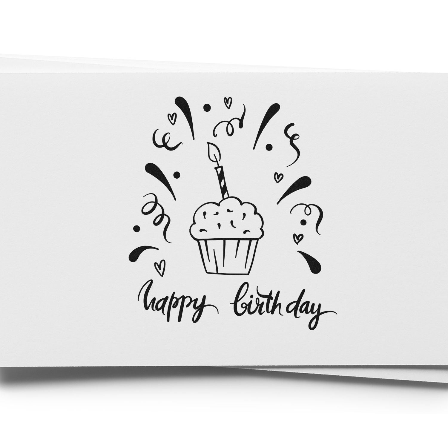 Happy birthday rubber stamp design with cupcake, candle, and confetti hearts for greeting cards and crafts.
