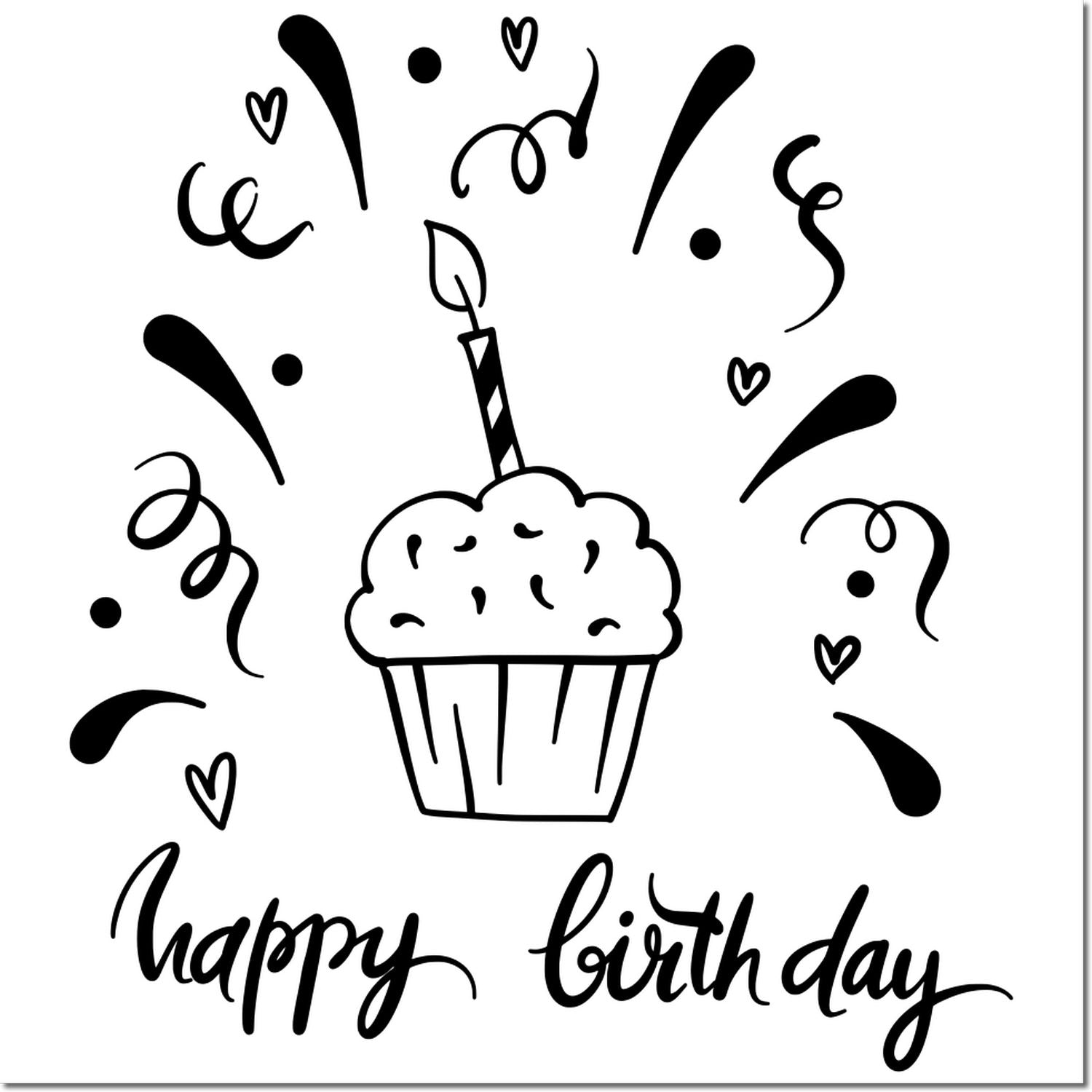 Happy birthday cupcake rubber stamp design with confetti hearts and celebratory script for birthday cards and crafts.