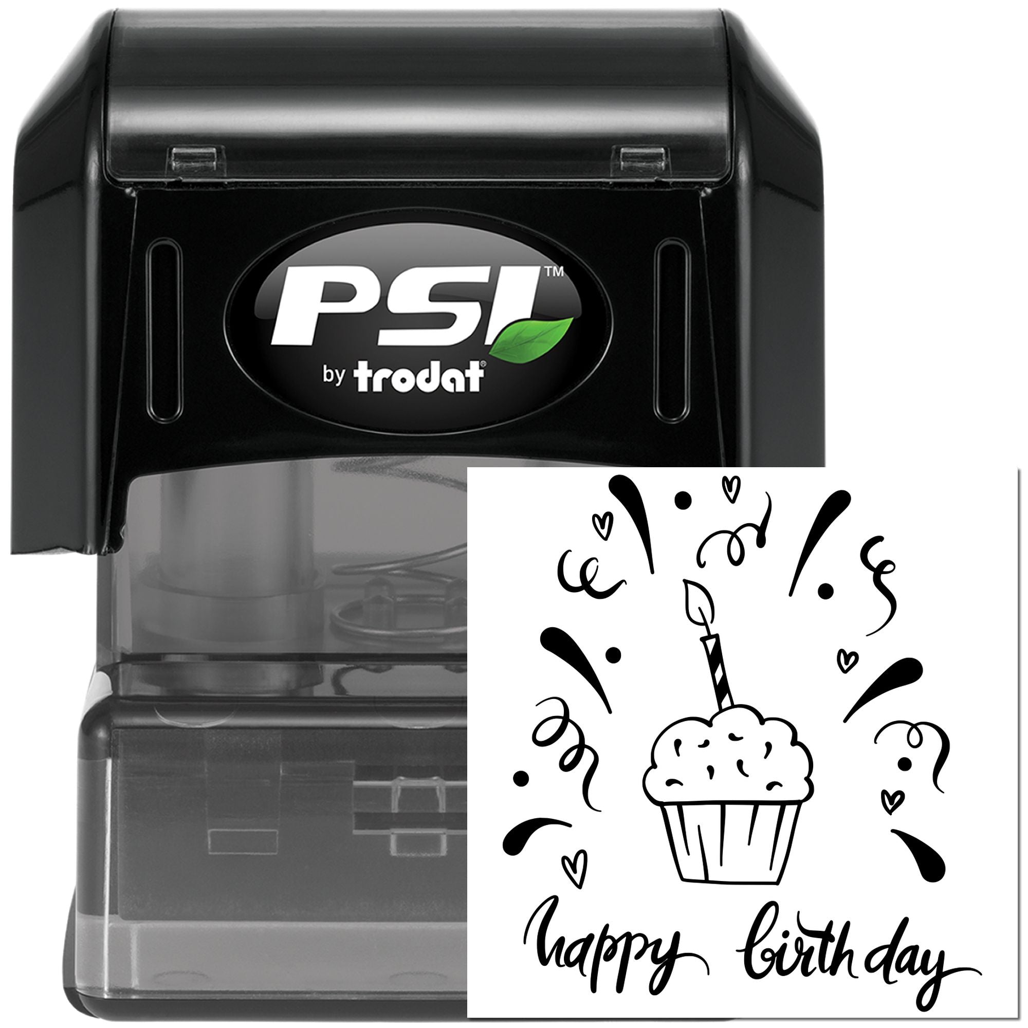 PSI by Trodat self-inking happy birthday rubber stamp with cupcake design for greeting cards, party favors, and craft projects.