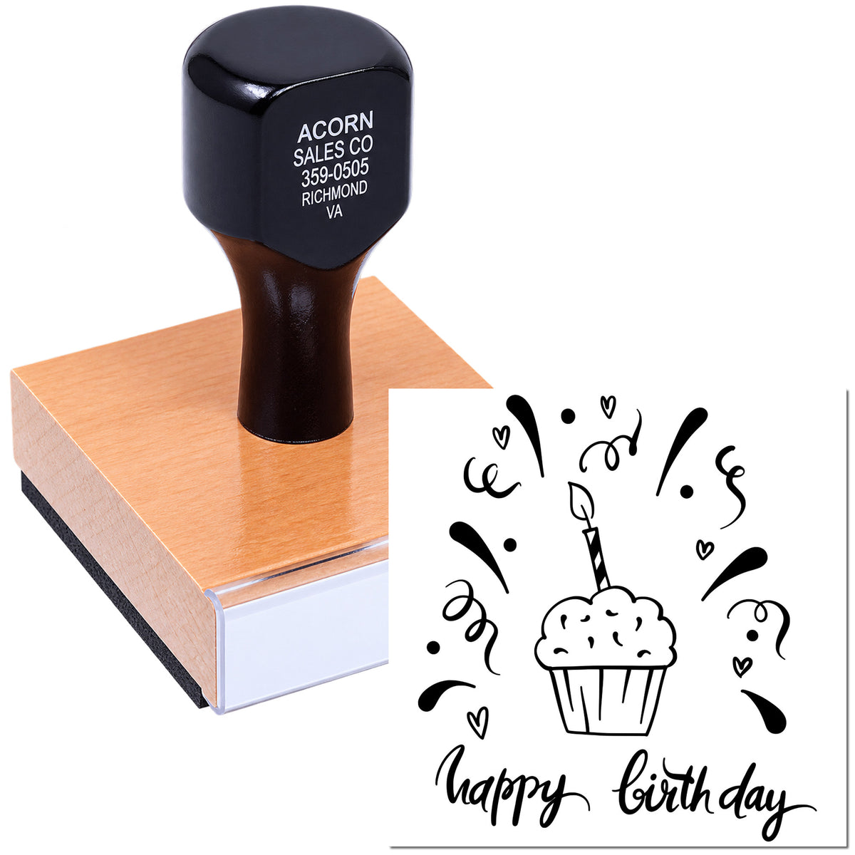 Happy birthday rubber stamp with cupcake and confetti design for cards, invitations, and party crafts