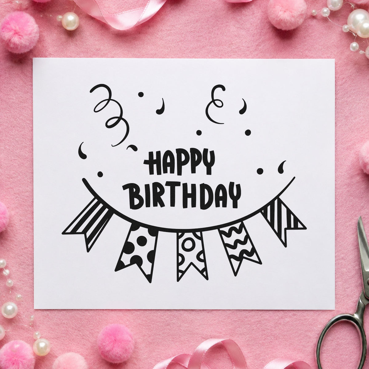 Birthday Patterned Pennant Bunting craft stamp in black ink on cardstock, an easy option for club year album page.