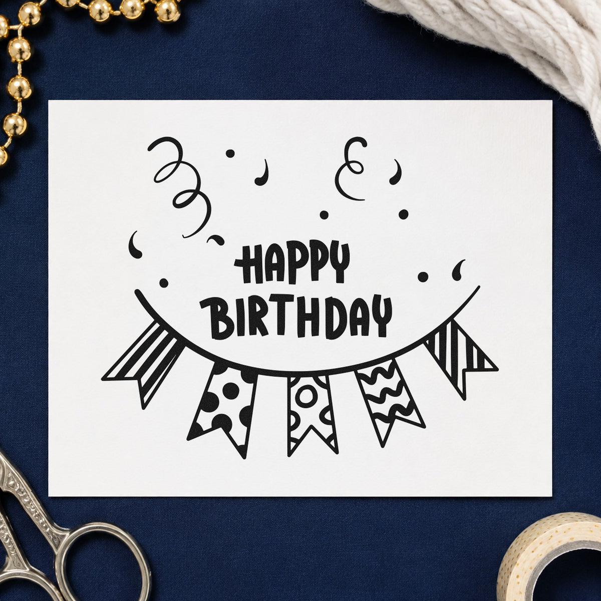 Birthday Patterned Pennant Bunting rubber stamp printed in black ink, ready for month date sheet and similar paper crafts.