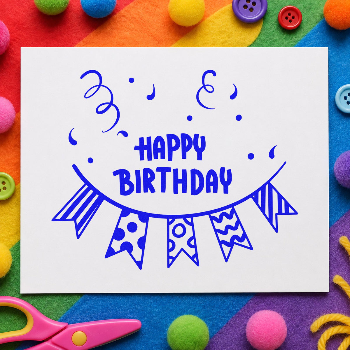 Birthday Patterned Pennant Bunting craft stamp in blue ink on cardstock, an easy option for table cloth printing.