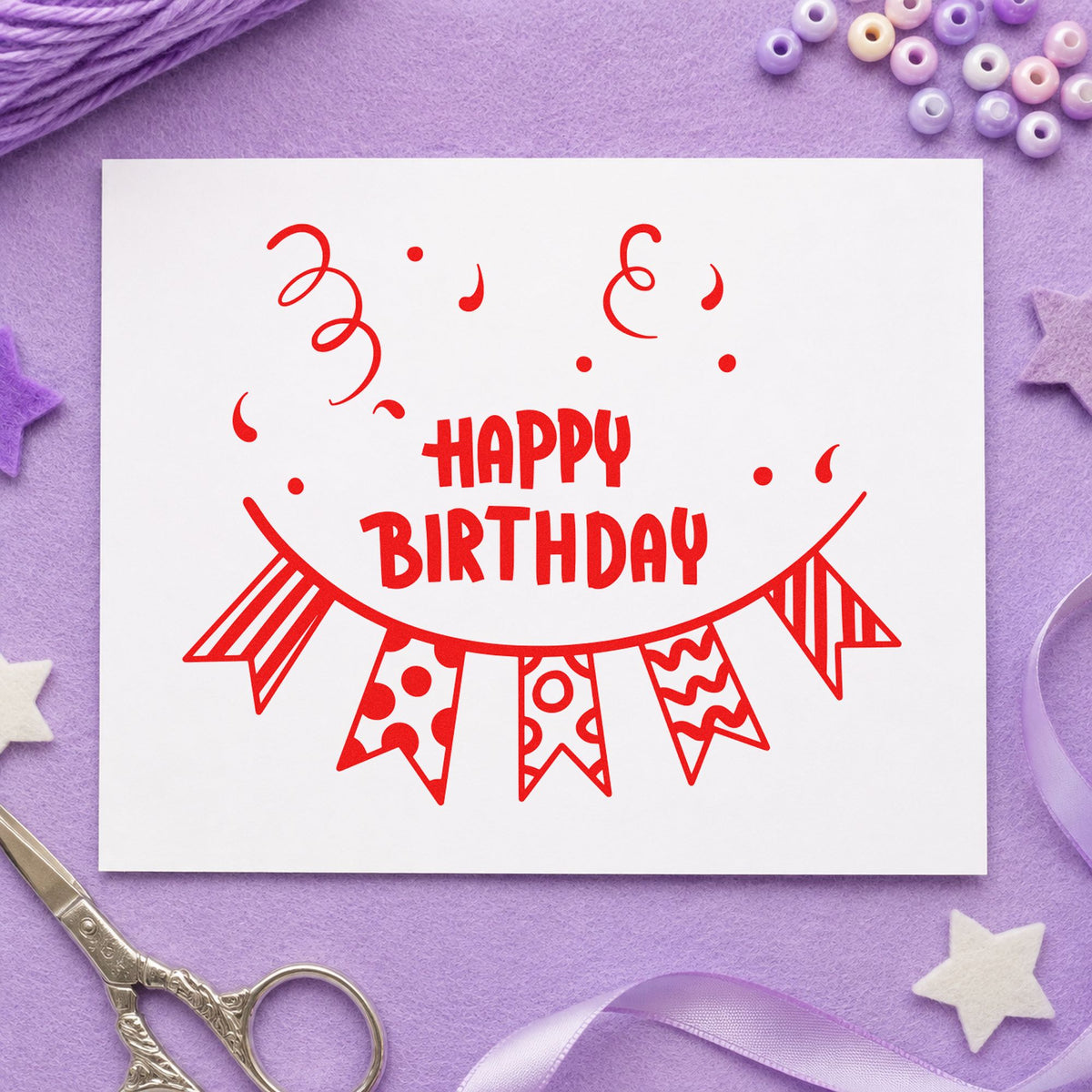 Birthday Patterned Pennant Bunting rubber stamp shown in red ink, stamped for projects such as bin decor labels.