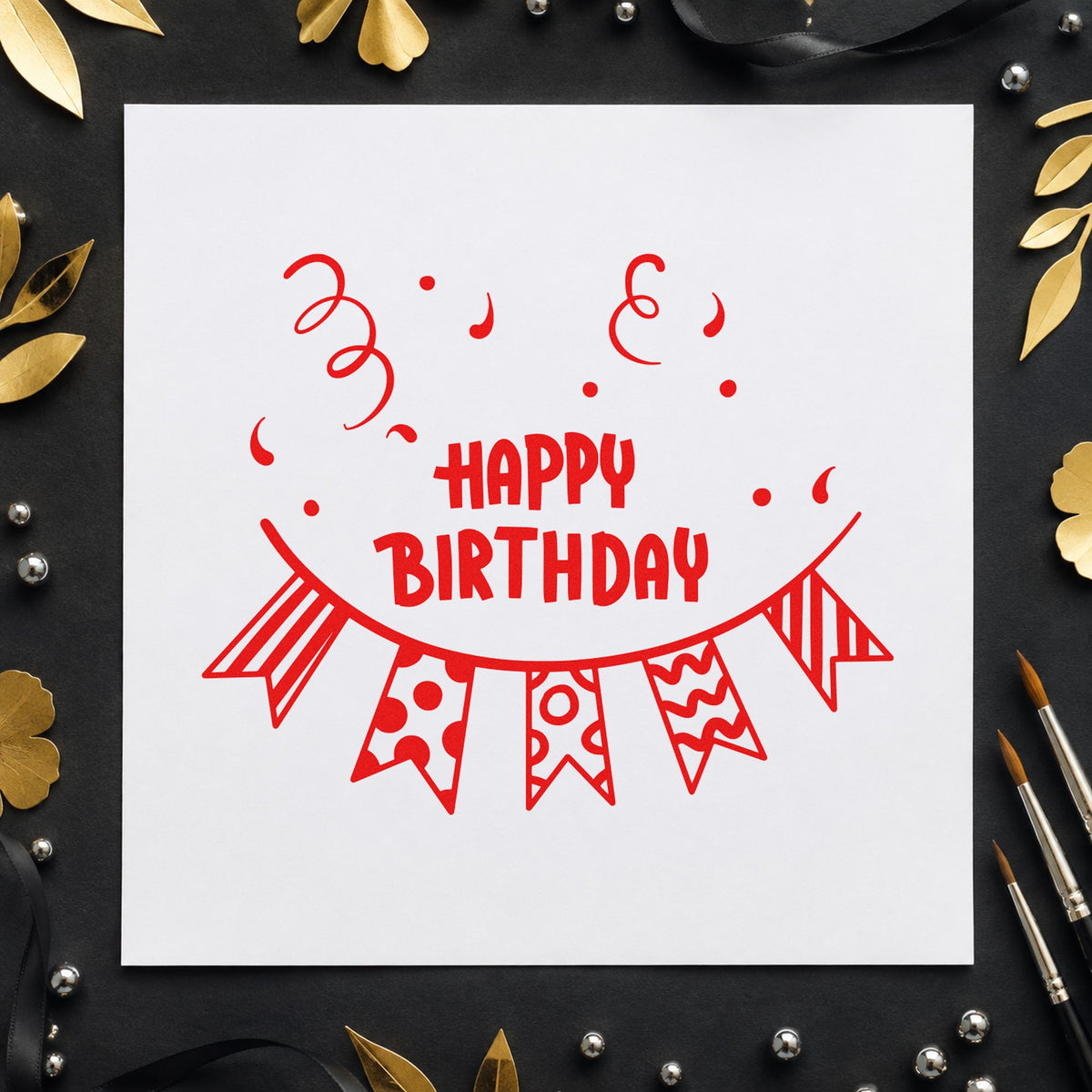 Birthday Patterned Pennant Bunting craft stamp imprint in red ink on a handmade project, one idea being group sign cards.