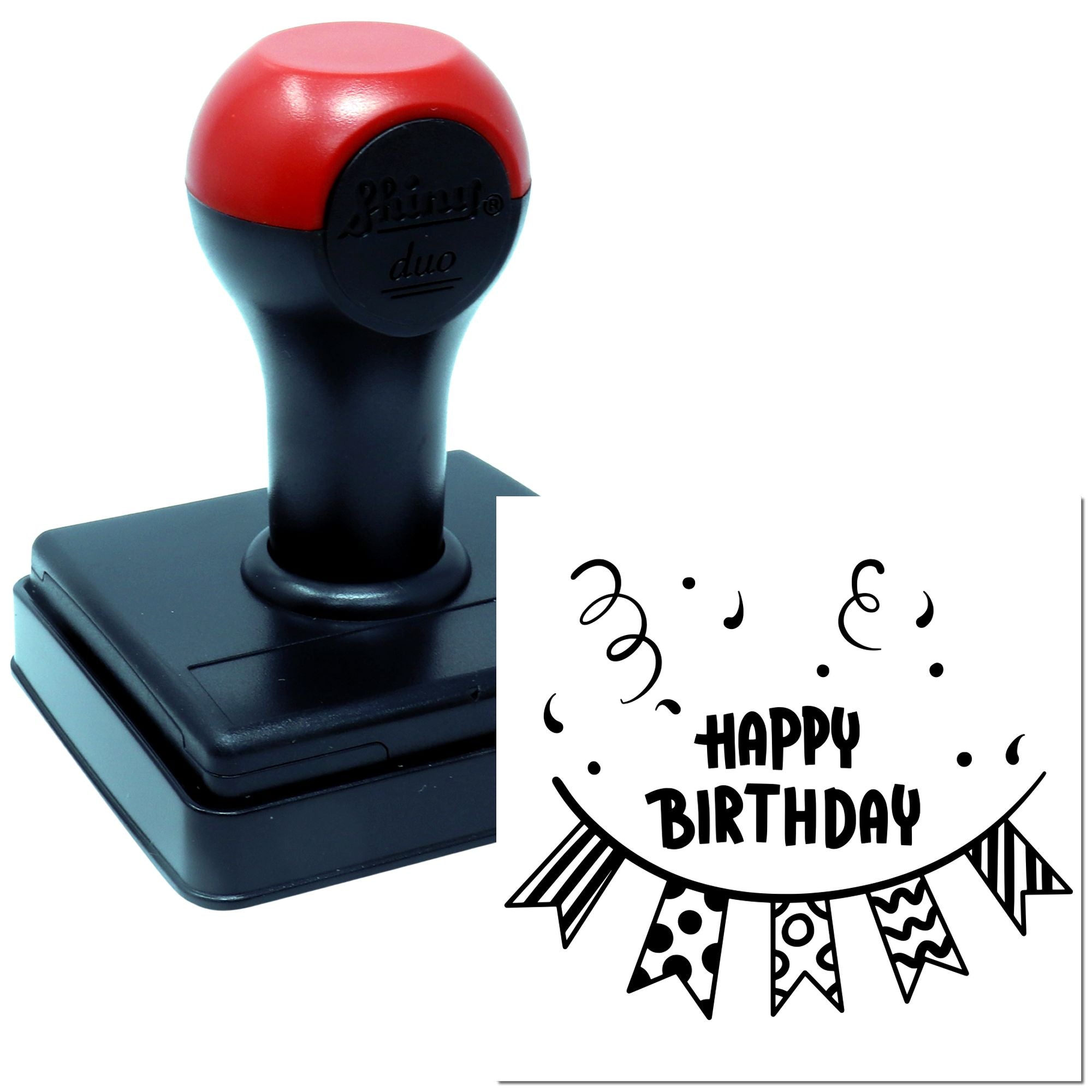 Happy Birthday self-inking rubber stamp with decorative banner design for cards, invitations, and crafts.