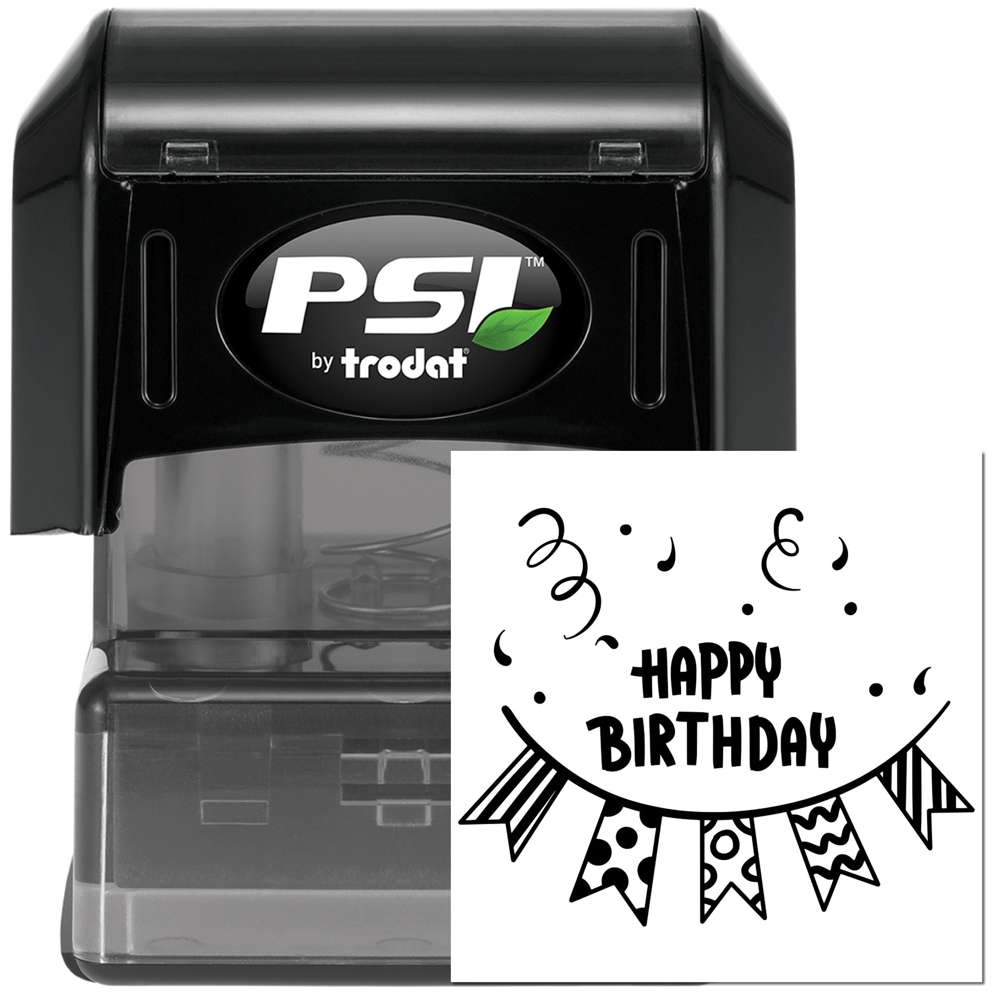 PSI by Trodat self-inking rubber stamp with Happy Birthday design for custom birthday cards and party crafts.