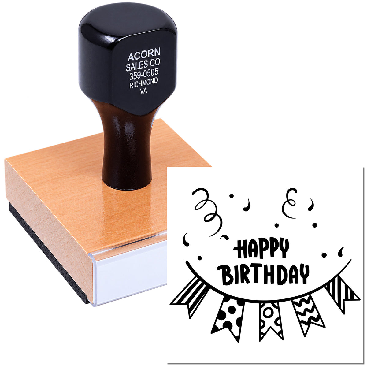 Happy Birthday rubber stamp with decorative banner design for greeting cards, party favors, and craft projects.