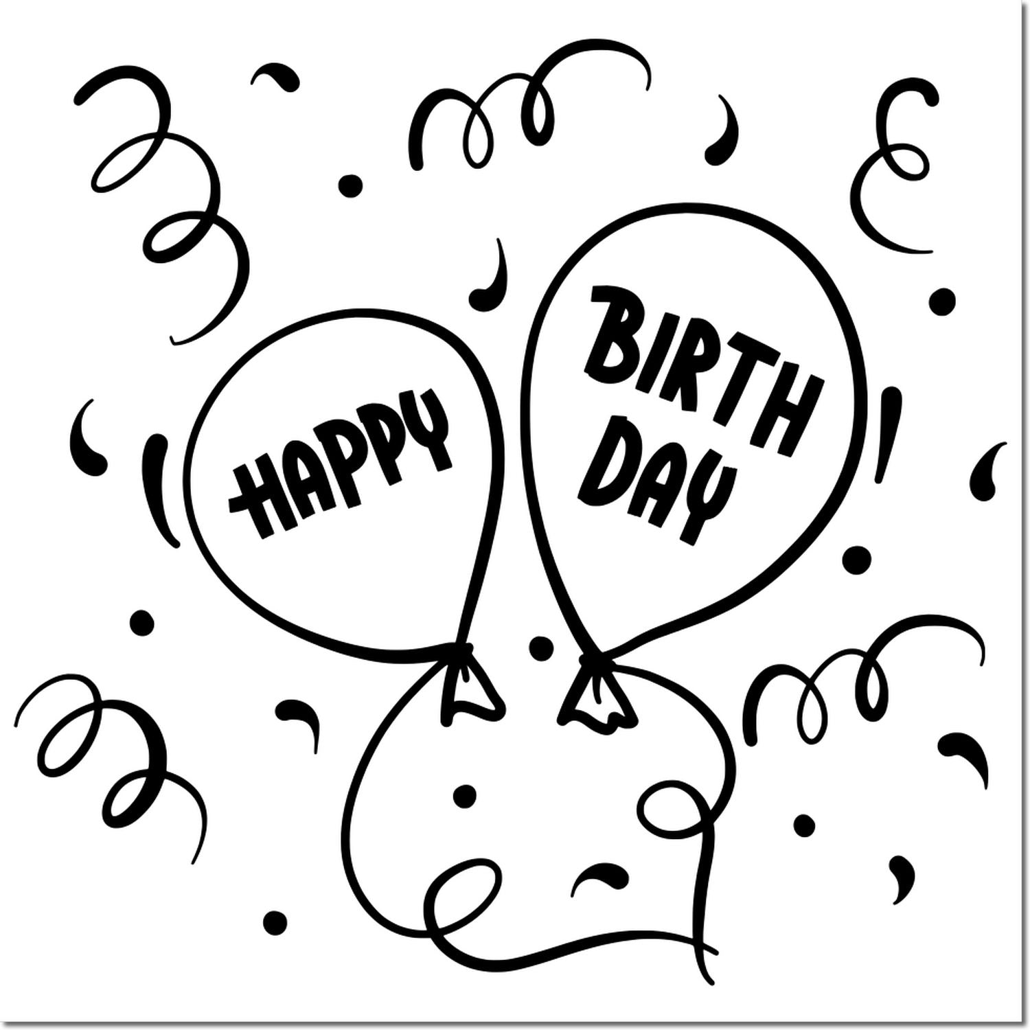 Happy Birthday balloon rubber stamp design with confetti and streamers for birthday cards, scrapbooking, and party crafts.