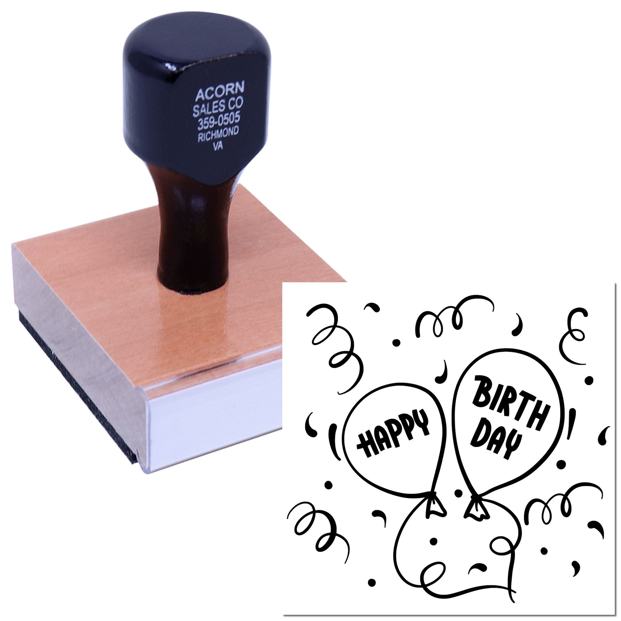 Custom rubber stamp with Happy Birthday balloon design for party invitations, greeting cards, and craft projects.