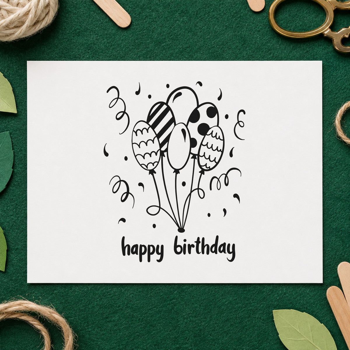 Birthday Patterned Balloon Bouquet rubber stamp printed in black ink, ready for secret plan sheet and similar paper crafts.