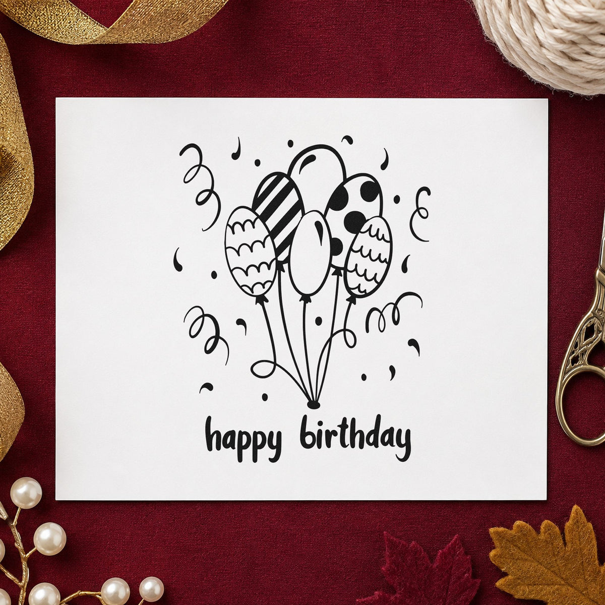Birthday Patterned Balloon Bouquet rubber stamp printed in black ink, ready for floating bunch cards and similar paper crafts.