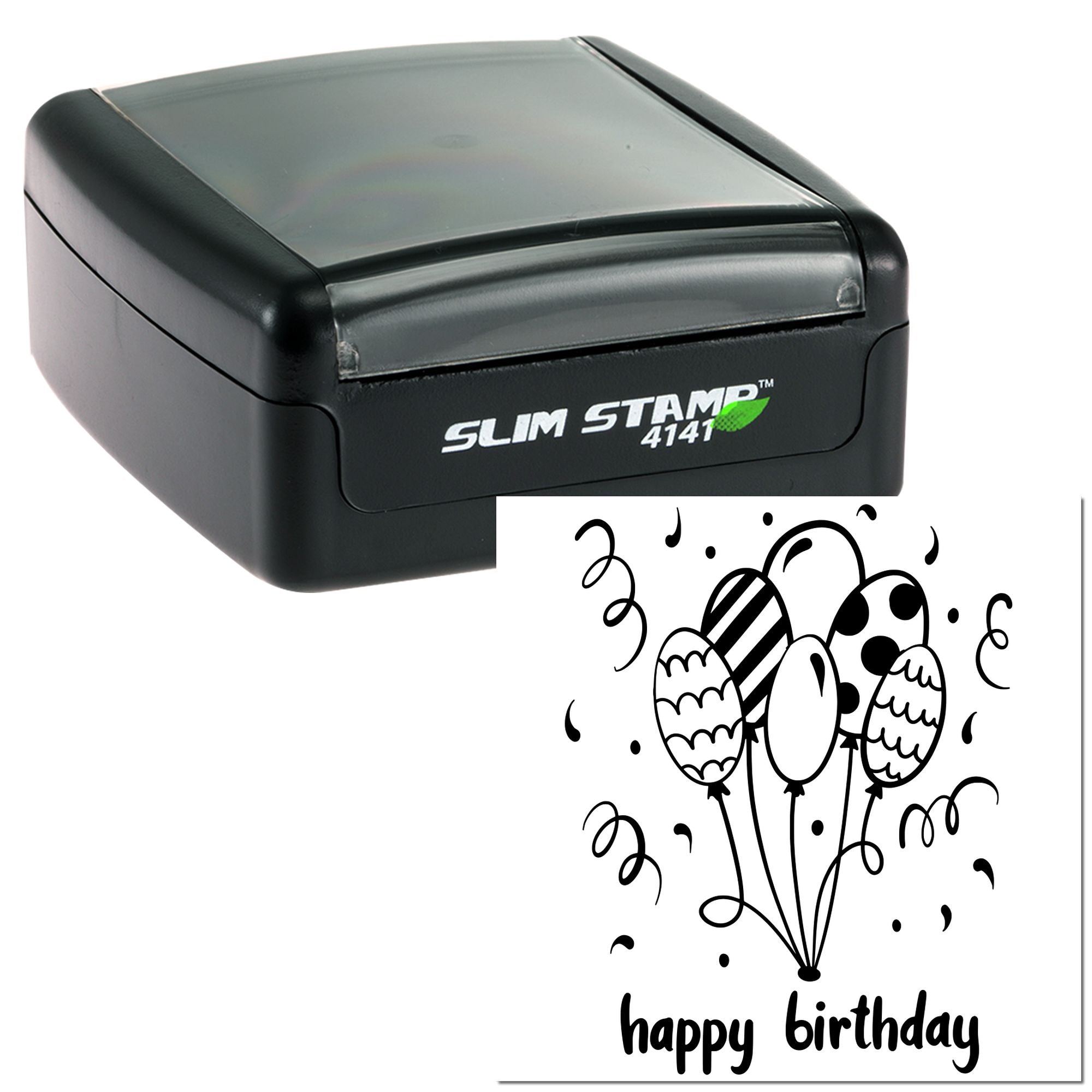 Slim Stamp 4141 rubber stamp with happy birthday balloons design for custom birthday cards and party invitations.