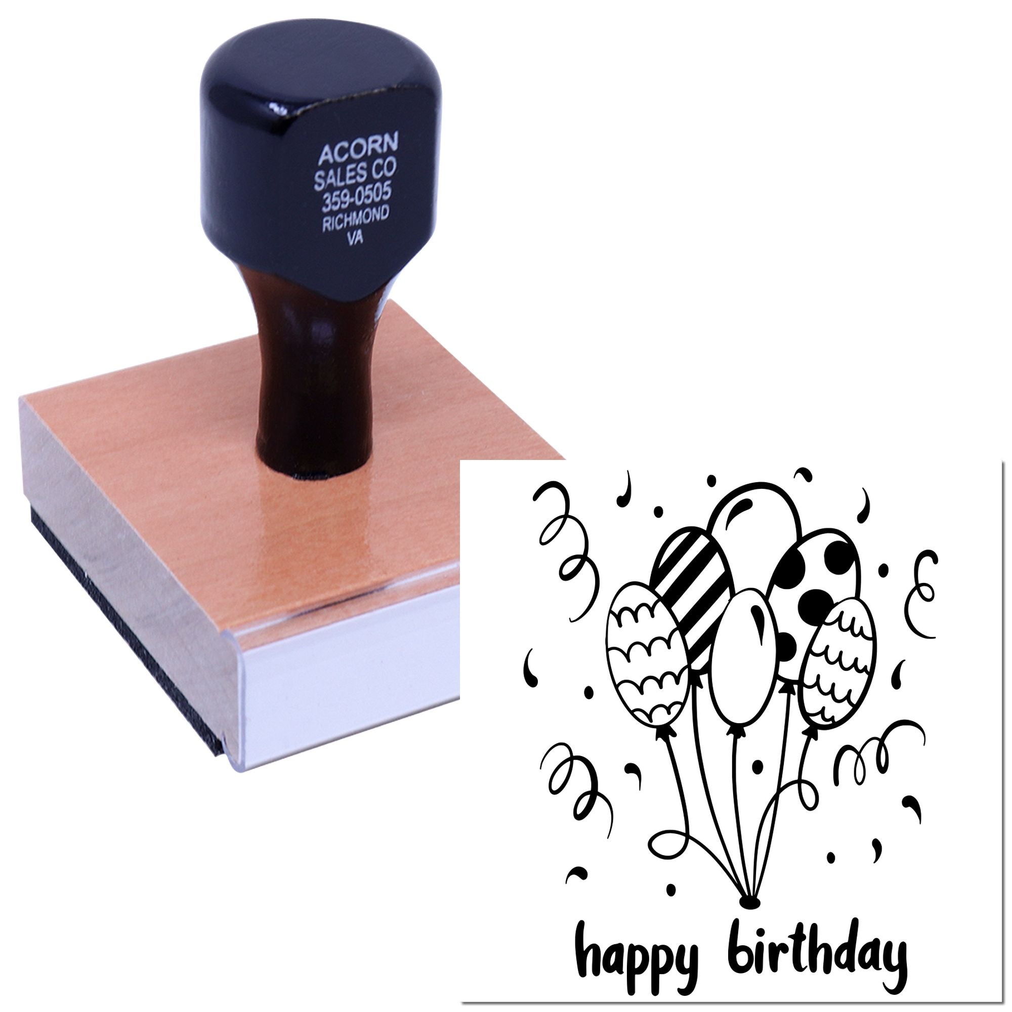 Custom rubber birthday stamp with balloons and happy birthday design for handmade cards, crafts, and party favors.