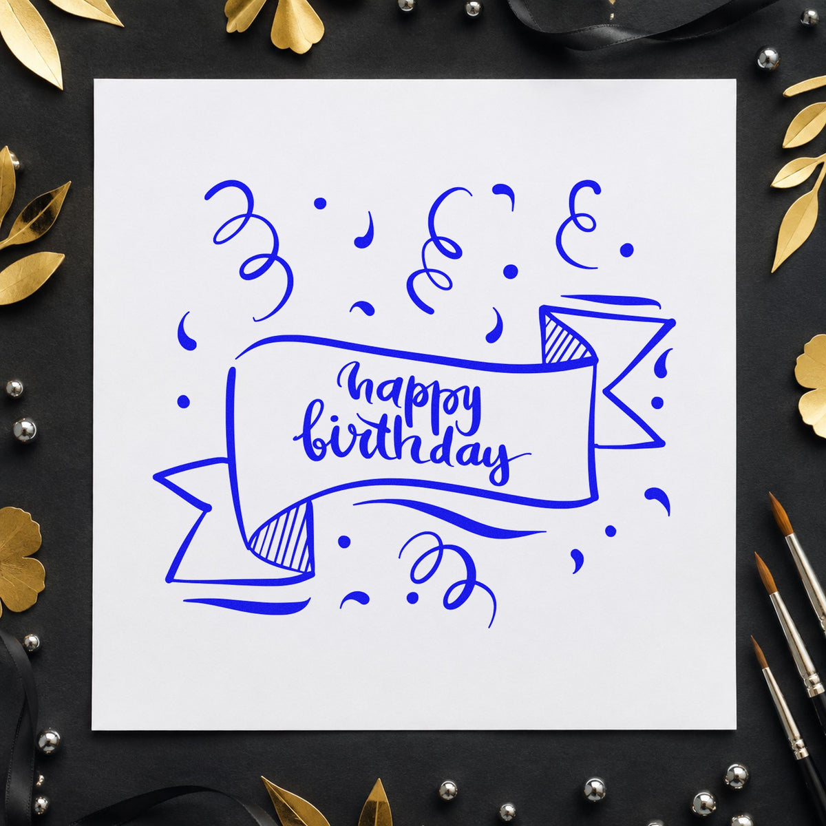 Happy Birthday Ribbon Banner craft stamp imprinted in blue ink on paper, a design suited to framed studio desk.