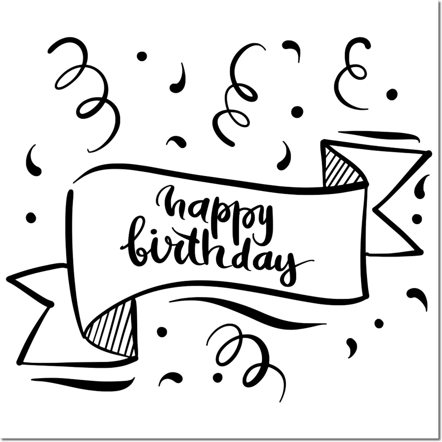Happy Birthday rubber stamp design with decorative banner, confetti, and bold script for festive card making and crafts