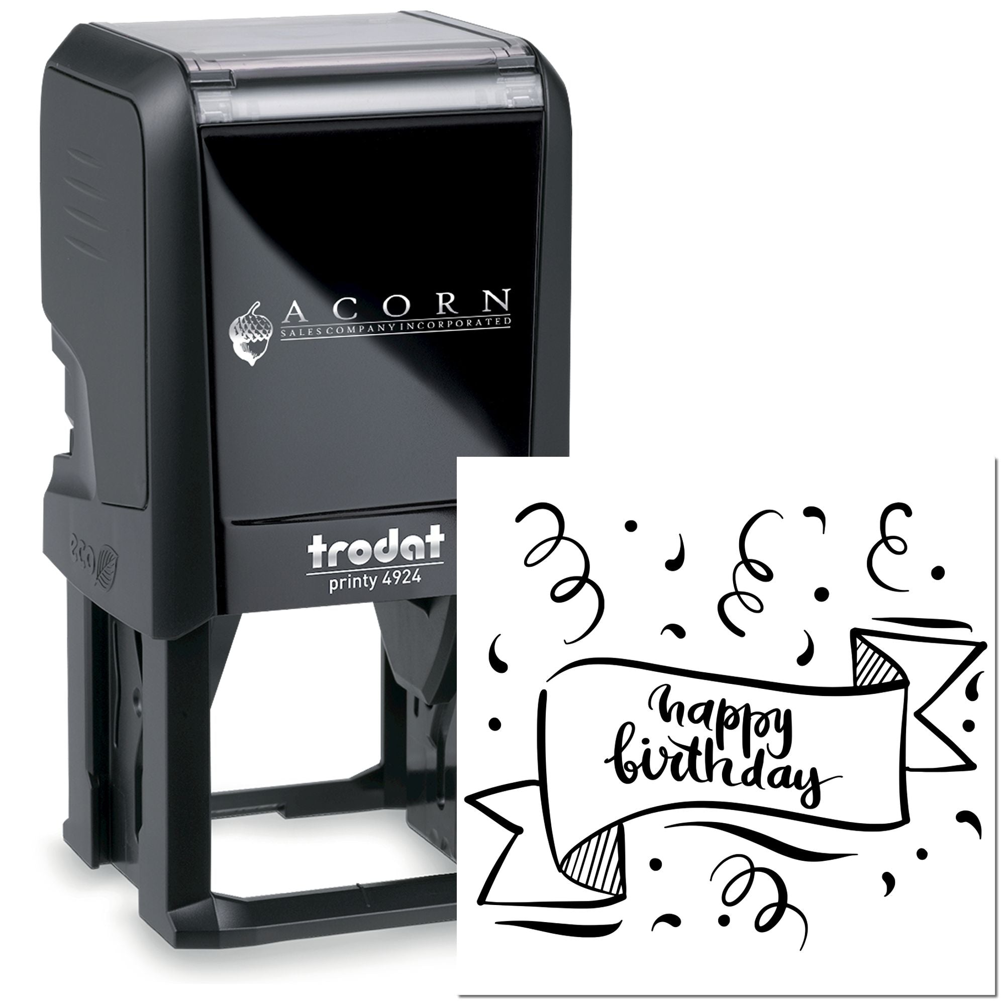 Custom self-inking birthday rubber stamp, Trodat Printy 4924, with decorative happy birthday design.