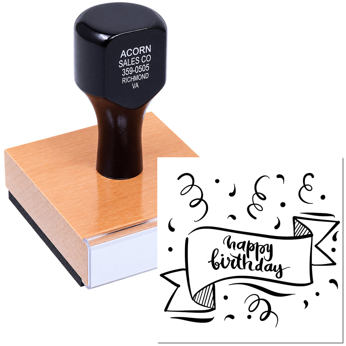 Custom rubber stamp with happy birthday design for cards, invitations, scrapbooking, and birthday party crafts.