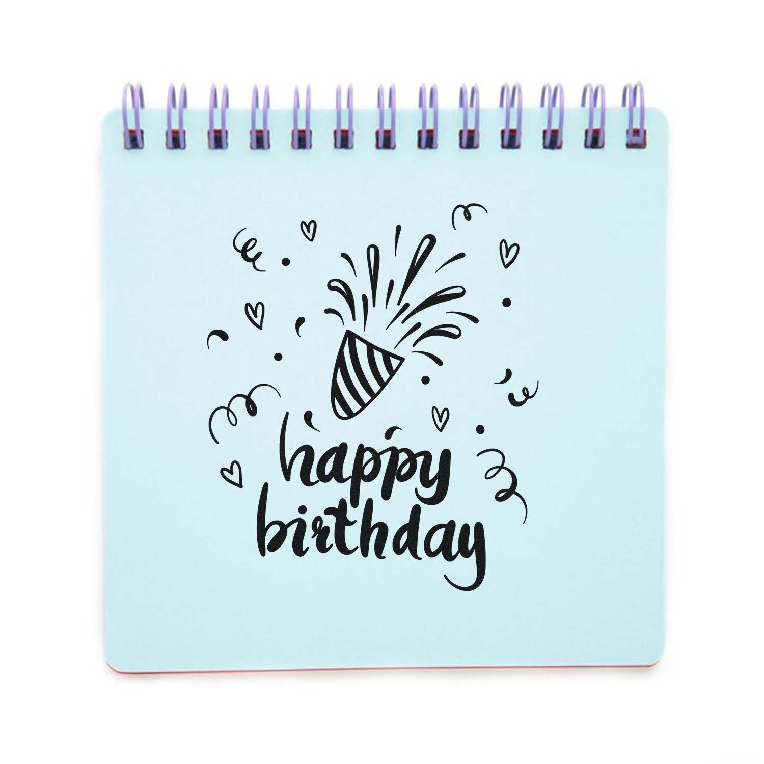 Happy birthday rubber stamp design with party popper and confetti for handmade cards, scrapbooking, and birthday crafts.